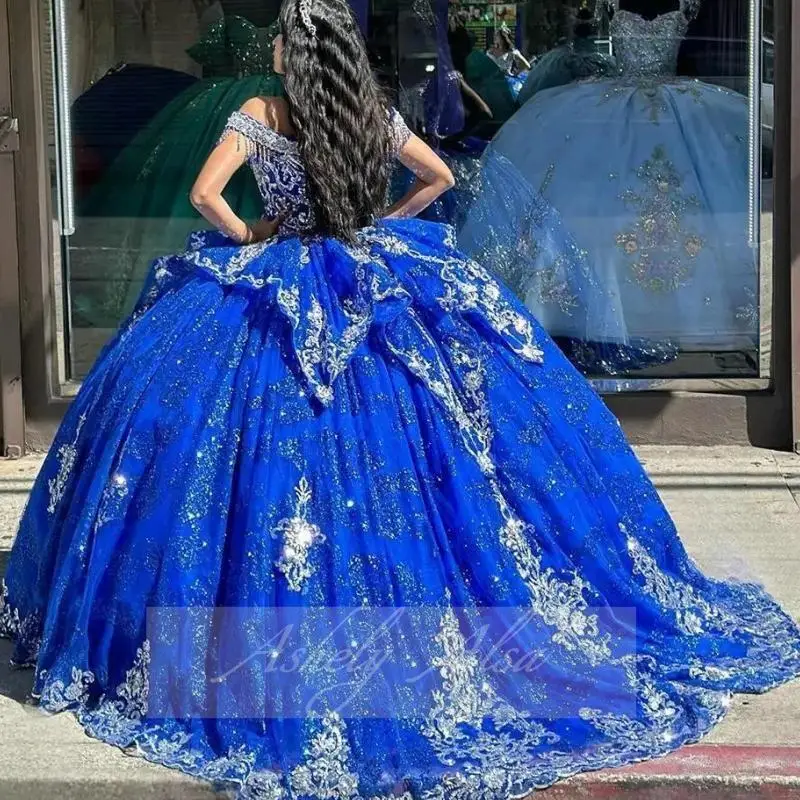 Robe de Bal Élégante Bleue en Dentelle pour Femme, Tenue de ixd'Anniversaire, à Pampilles, Appliques, 15, 16