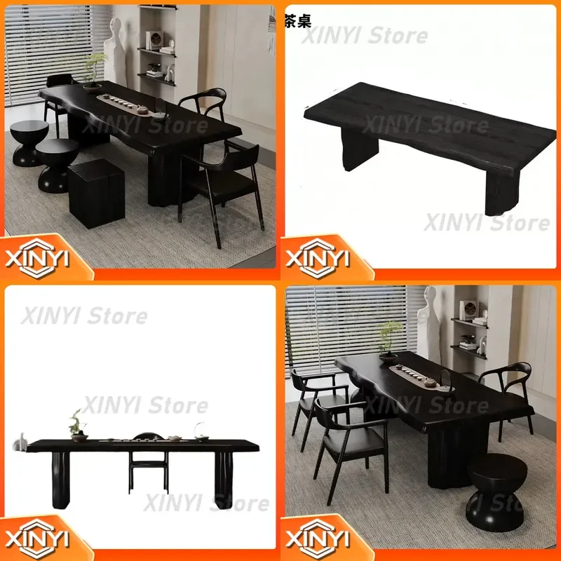 Solid Wood Tea Table for Wabi Sabi Style Carbonized Black Large Board Tea Desk Set for Office Home Living Room Modern