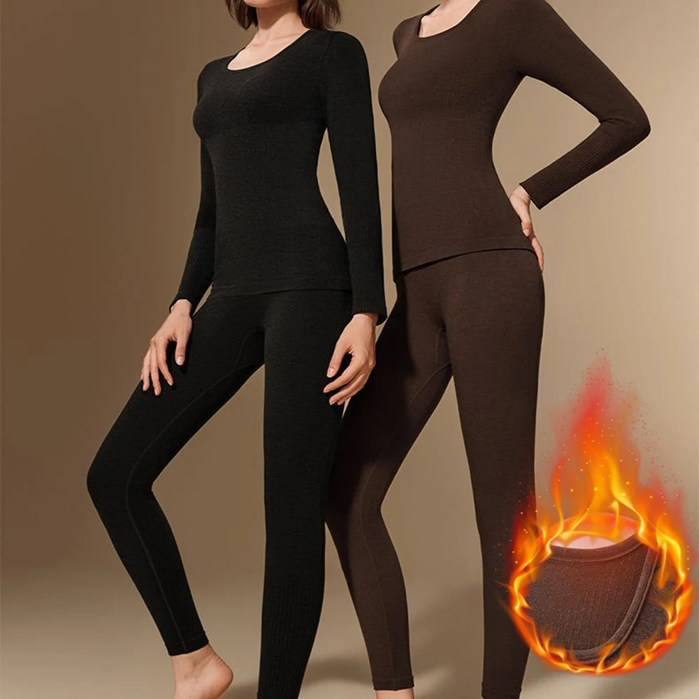 مجموعة واحدة من الملابس الداخلية الحرارية الشتوية للنساء، ملابس دافئة ضيقة للتخسيس وأكمام طويلة، سراويل حرارية وقميص حراري