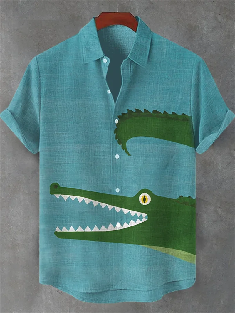2026 New Hawaii Palm Tree 3D Printed Men's Short sleeved Shirt Crocodile Beach Fashion Button Short sleeved Shirt Top