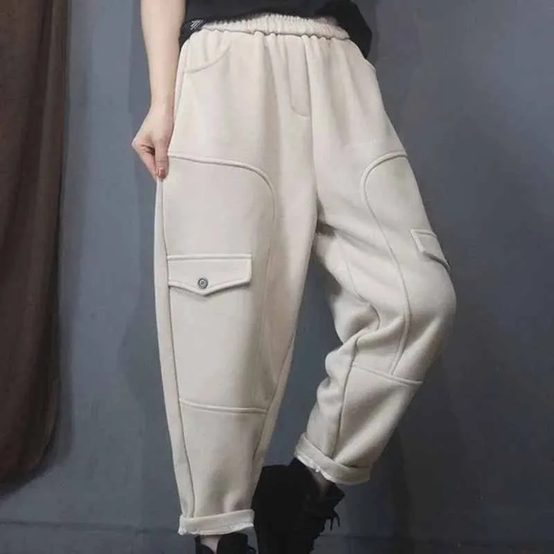 

Female Winter Warm Plush Thickening Harlan Pants Women New Loose Versatile Pocket Warm Wei Pants Lady High Waisted Leisure Pants