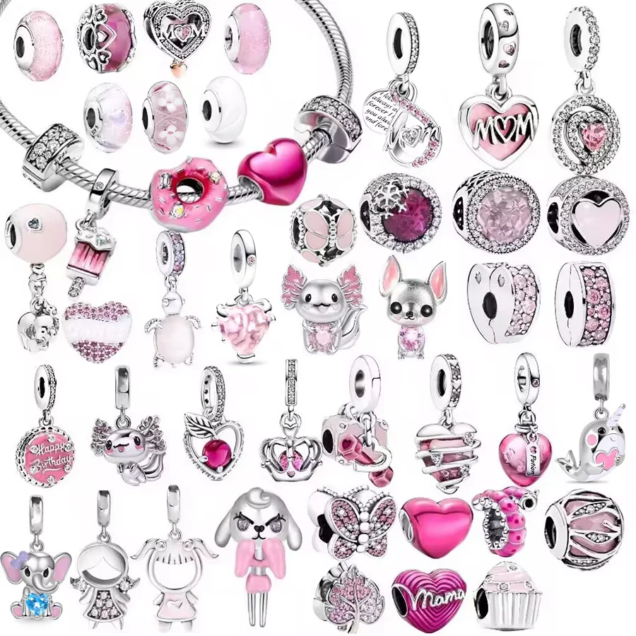 925 Sterling perak Pink seri pesona gadis kura-kura kupu-kupu Potion kaca Murano Hati liontin manik-manik cocok Pandora gelang perhiasan