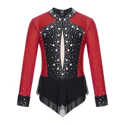 Kids Girls Rhinestones Rhythmic Gymnastics Leotard Mesh Patchwork Skirted Bodysuit Lyrical Dress for Dancing Figure Skating