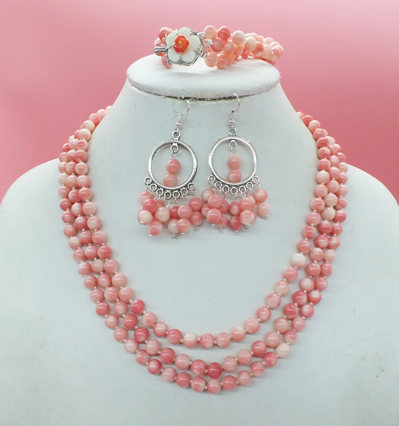 Exquisite  3 Layers, 6MM Classic Pink Coral Necklace/Bracelets/Stud Earrings African Bridal Jewelry Set