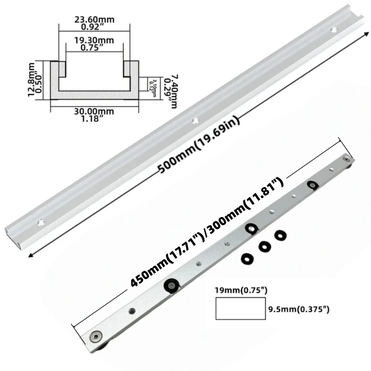 1セット アルミ合金 Tトラック スロット マイタートラック＆マイターバー スライダー テーブルソー マイターゲージロッド 木工ツール ワークベンチ シルバー