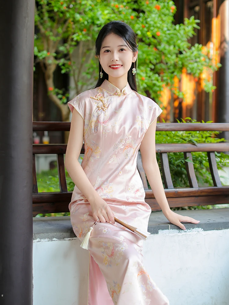 

Шелковое розовое платье-ципао Ele для женщин, приталенное, летнее, улучшенная версия, в китайском стиле, красивое, с коротким рукавом, длинное