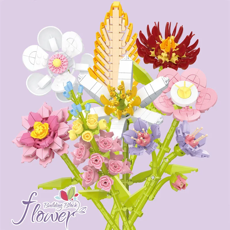 DIY ロマンチックなバラの花ラベンダー水仙庭園ハウスビルディングブロッククラシックモデルミニレンガ飾り子供のギフト