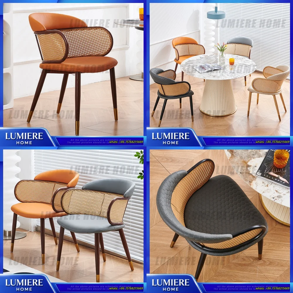 

Scandinavian Style Rattan Dining Chair with Armrest Back Support for Home Restaurant Cafe Single High Back Seat Comfortable