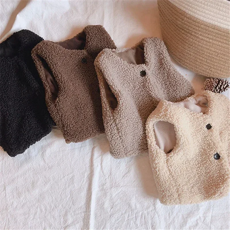 Autumn Winter Baby Lamb Wool Plus Velvet Waistcoat Girls Boys Plush Vest Single Breasted V Neck Child Warm Fashion Warm Coat image 4