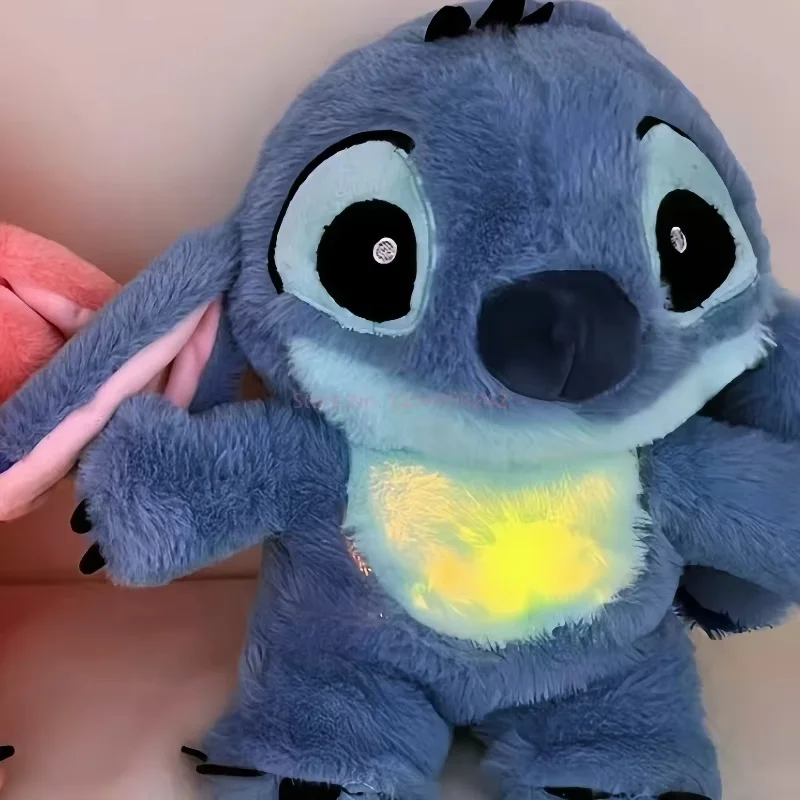 Cute Disney Stitch Baby Breathing Bear Plush Soothing Otter Soothing Music Sleeping Companion Sound And Light Doll Kids Toy Gift