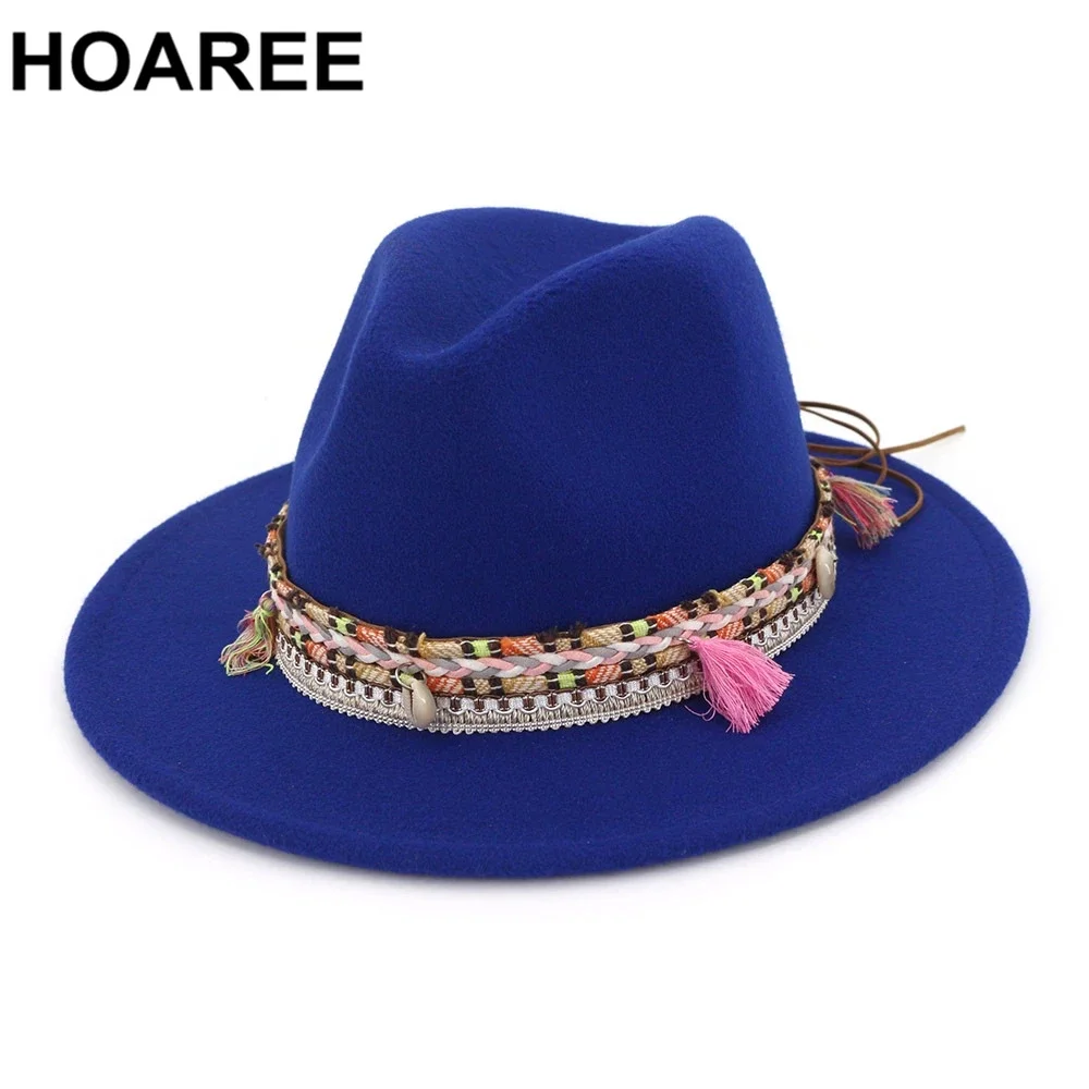 

Синяя модная женская фетровая шляпа-федора с кисточками и ремешком, этнические джазовые шляпы, женская шляпа-трилби с широкими полями, винтажная осенняя классическая фетровая шляпа, розовая