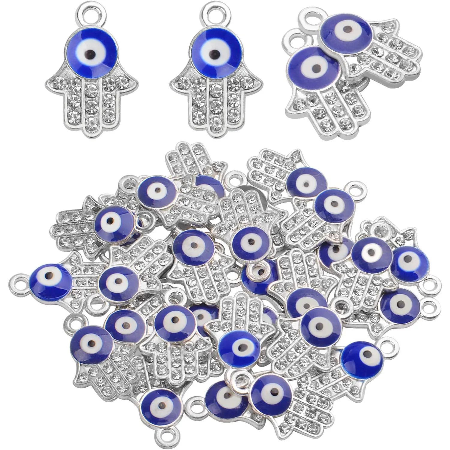 

30pcs Hamsa Hand Evil Eye Charms Hand of Fatima Pendants Rhinestones Jewelry Making Findings for DIY Necklace Bracelet,Silver