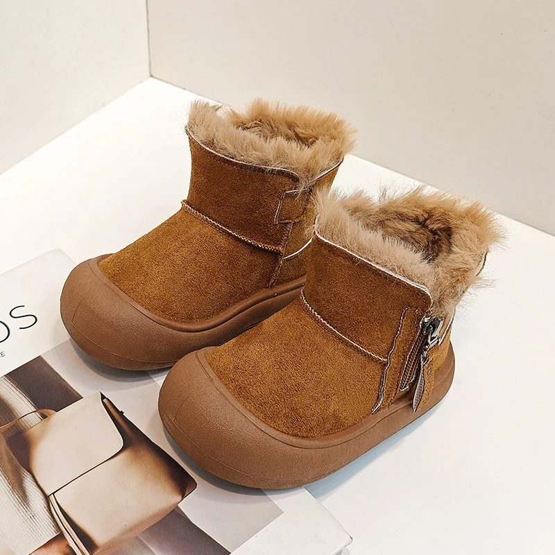 

Winter Children's Snow Boots Furry Hairy Outdoor Girls Fashion Platform Boots Fashion Camel Simple Kids Ankle Cotton Boots Warm