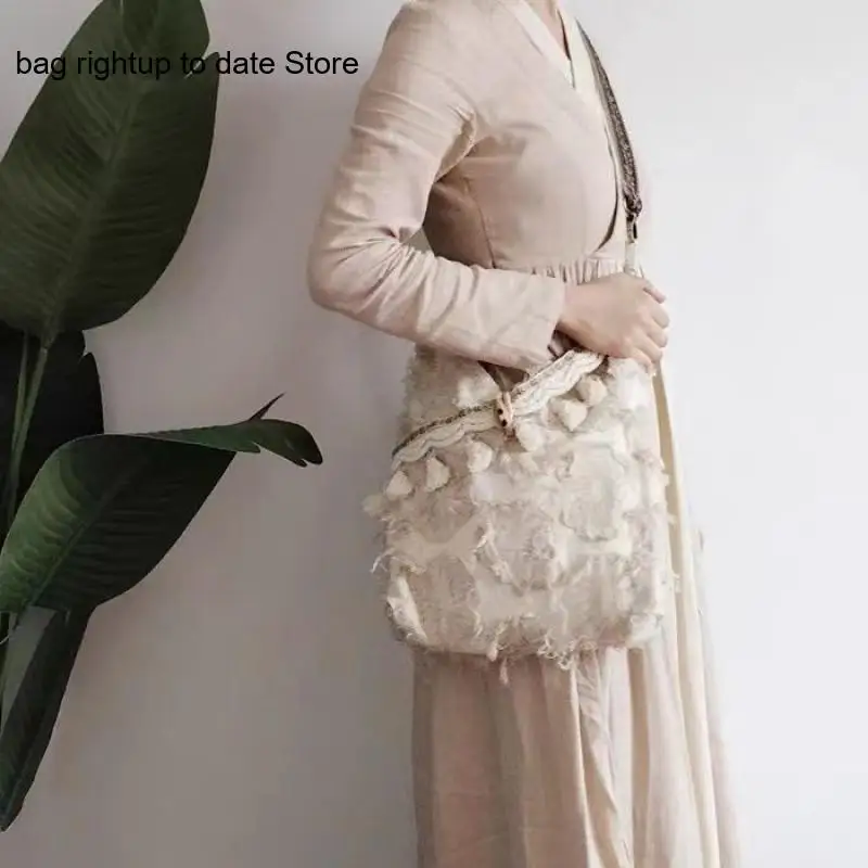 Retro Artistic Ethnic Style Fake Tassel Daily Lightweight and Versatile Cloth Bag Large Capacity Single Shoulder Crossbody Bag