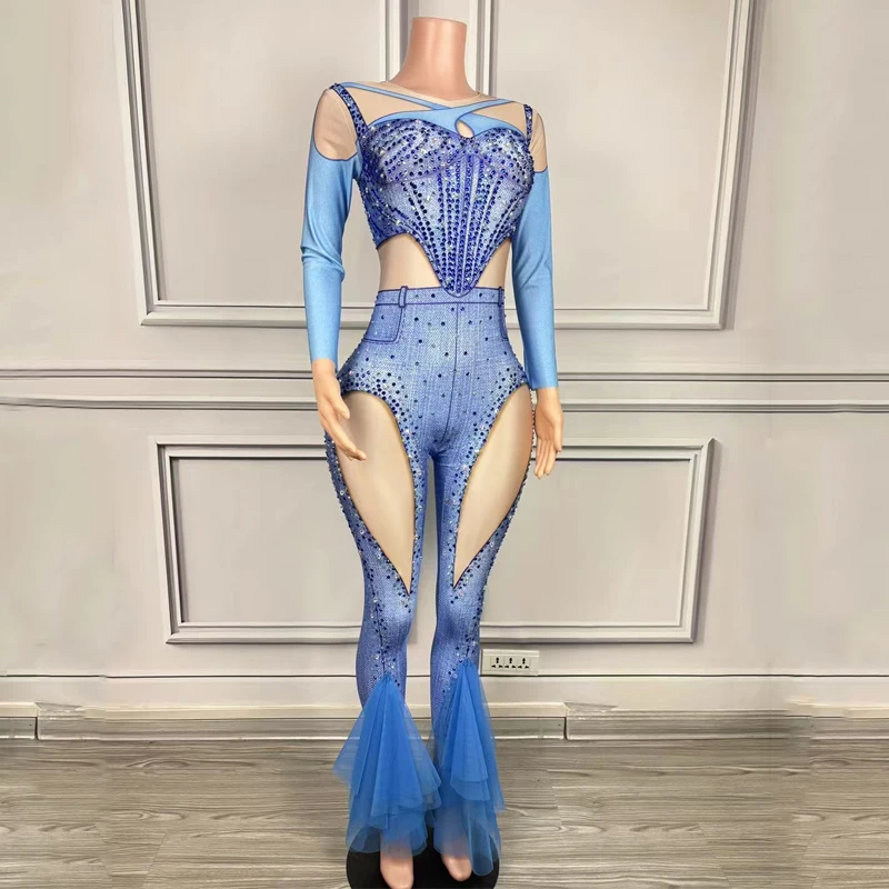 ピンクブルーラインストーン偽漏れデニムプリントジャンプスーツ女性ゴーゴーダンス衣装バーナイトクラブ Dj Ds ドラッグクイーン衣装 XS8096