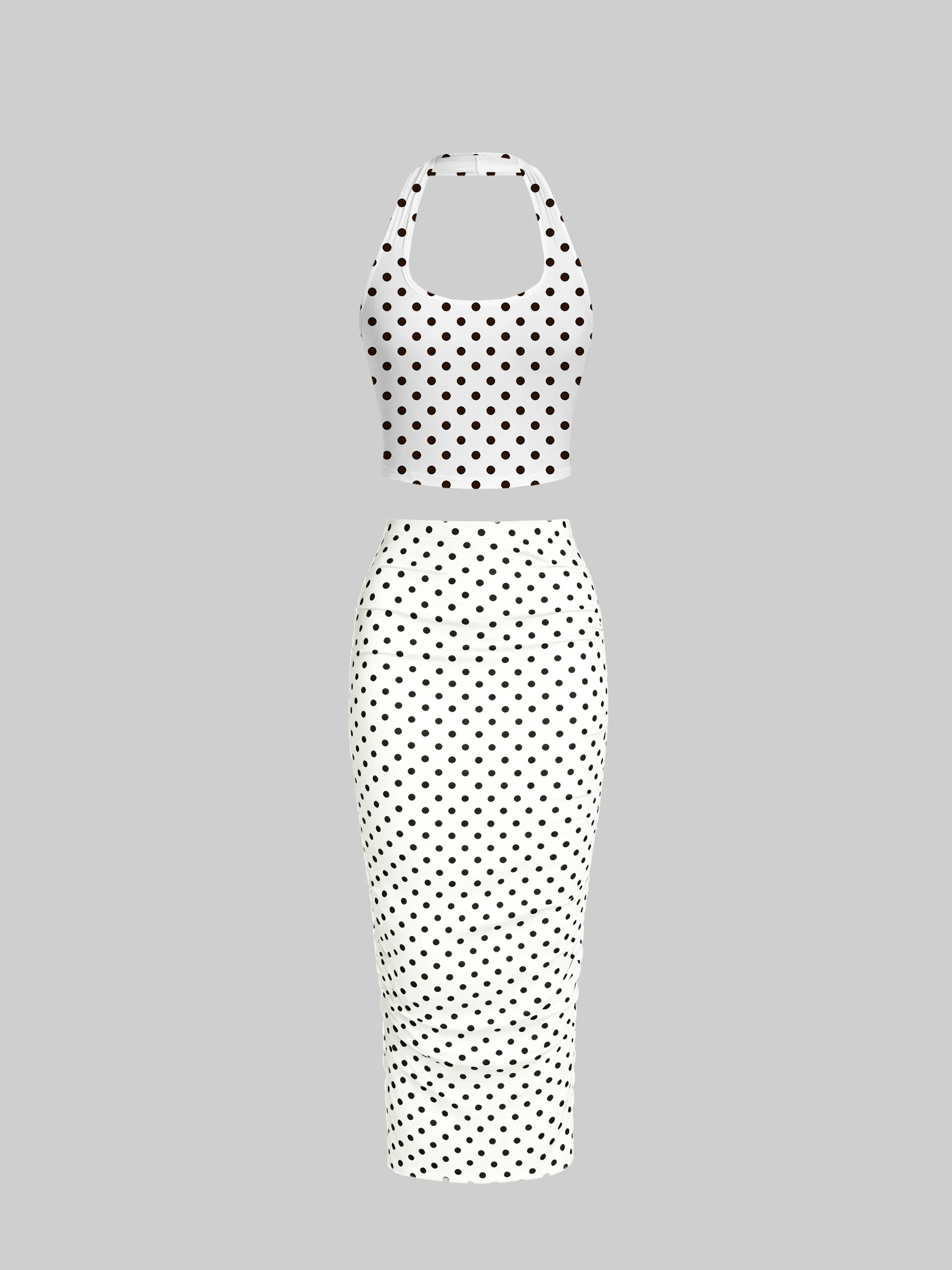 2Pcs Women Polka Dot Halter Crop Top High Waist Midi Bodycon Skirt Y2K Club Casual Two Piece Set view 5