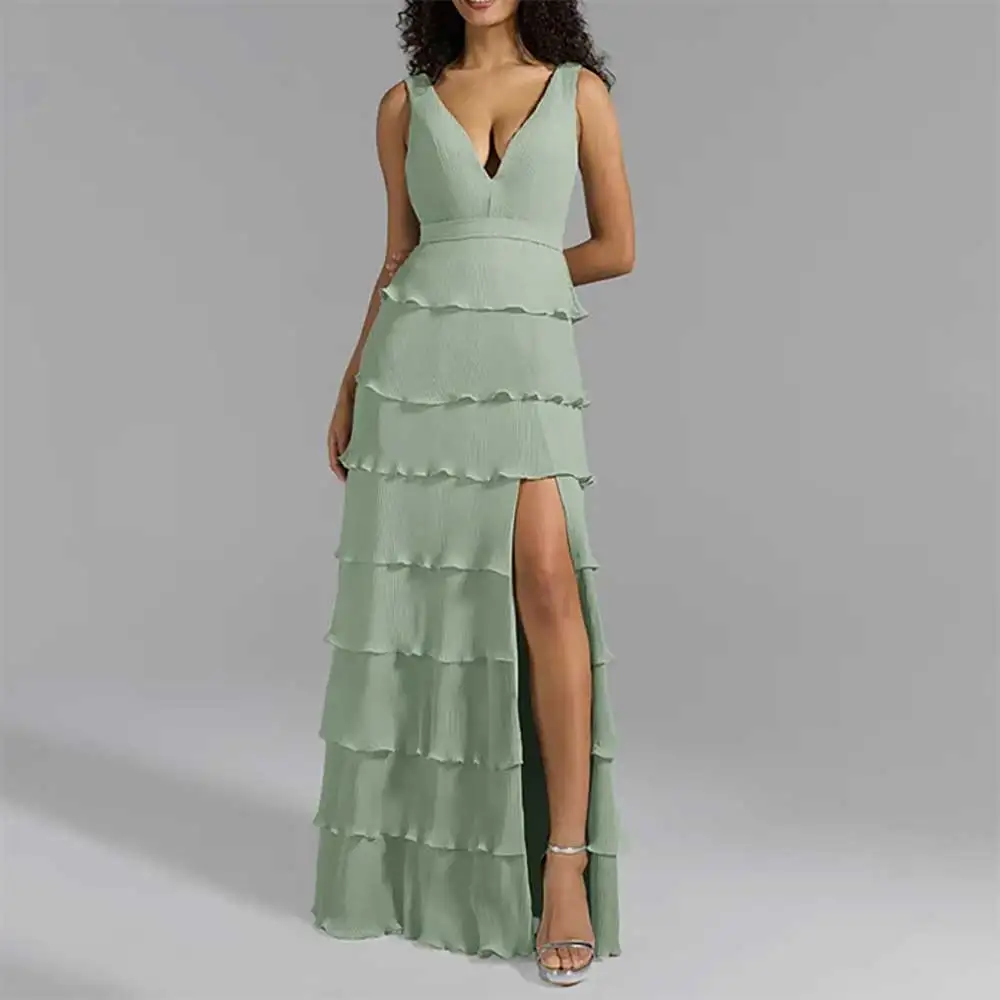 

2025 Sexy V Neck Sleeveless Tiered Evening Dress Side Slit Open Back for Women Prom Dresses Bridesmaid's Dresses فساتين سهرة
