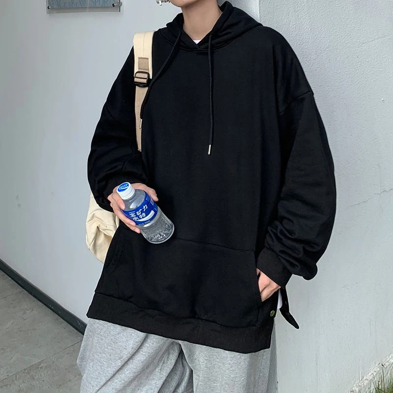 Side Slit Button Solid Simple Basic Hooded Autumn Spring Casual Long Sleeve Men Fashion Oversized Retro Large Size Sweatshirts