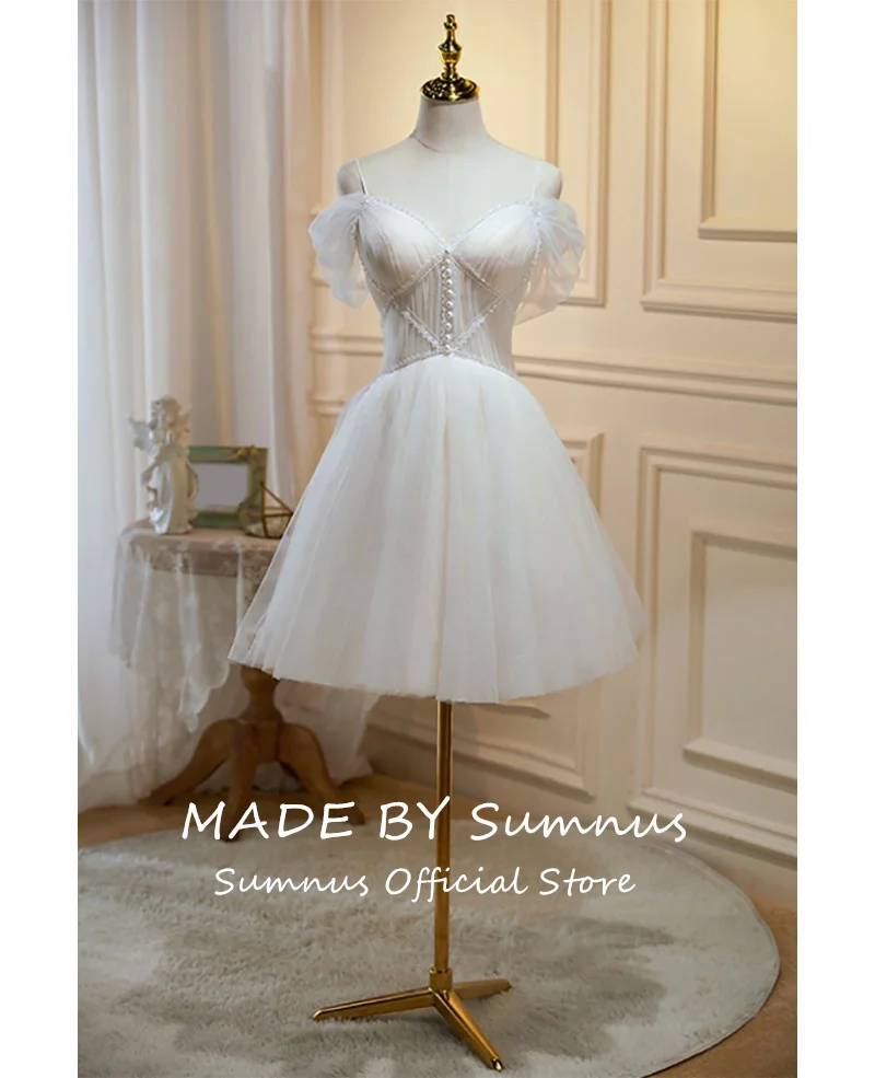 Sumnus-Robe de Rhen tulle à col en V pour filles, robes de soirée à plusieurs niveaux, mini robe blanche élégante, robe de gala formelle, quoi que ce soit