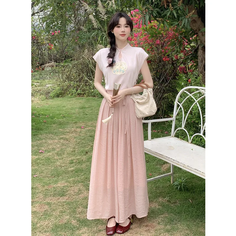 シルクのような薄手のコットンリネンワイドレッグドレープスカートパンツ、実価格、夏の新作、伸縮性ウエスト、韓国風、通勤、風通しの良い、女性用...