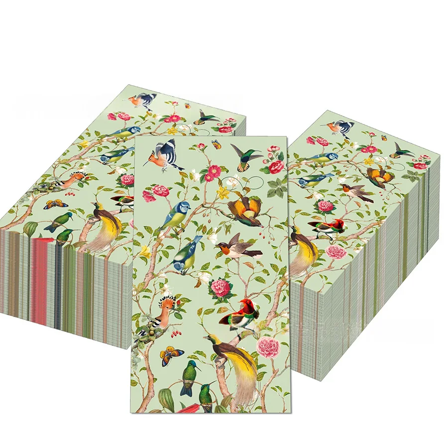 20Pcs Green Chinoiserie Bird Flower Disposable Paper Napkins Vintage Floral Guest Napkin Spring Wedding Dinner Table Decor
