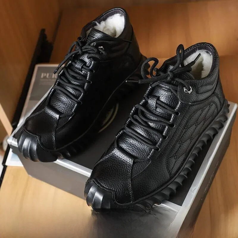 

Теплые мужские повседневные ботинки из утолщенной кожи на флисовой подкладке, модные зимние полуботинки без шнурков с круглым носком и резиновой подошвой