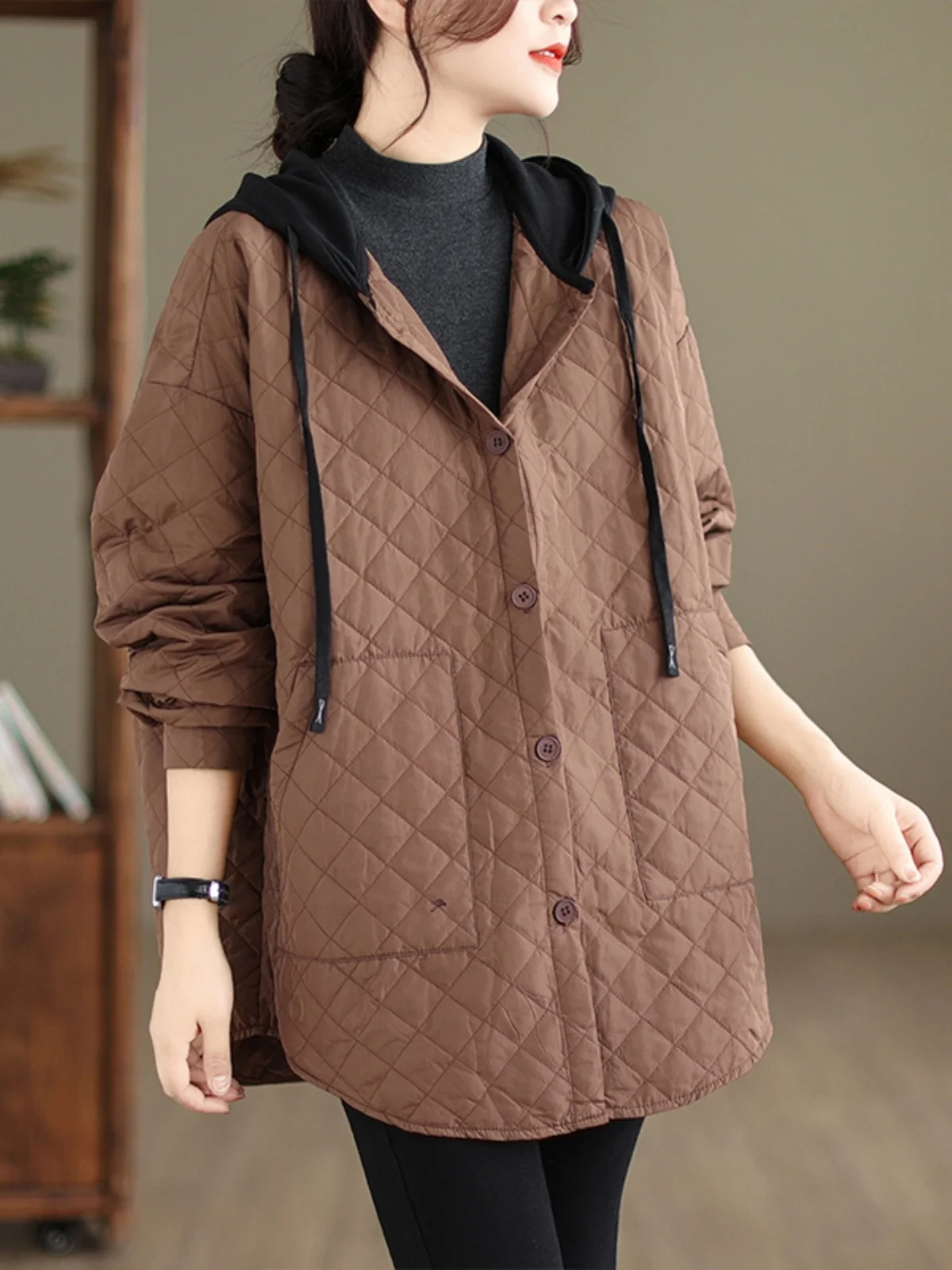 Large Size Women's Faionable Lightweight Hooded Casual Cotton Jaet Autumn Winter New Arrival Diamond Pattern Loose Fit Coat