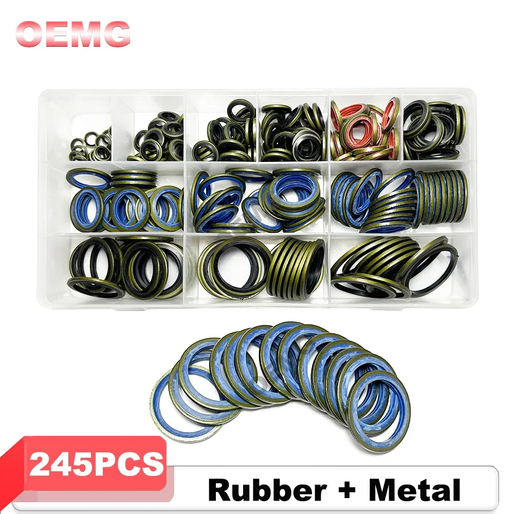 100/245pcs Bonded Seal Washer, NBR Metal Automotive Seal Gasket Assortment Kit Self-Centred Oil Resist Sealing Rubber Gasket