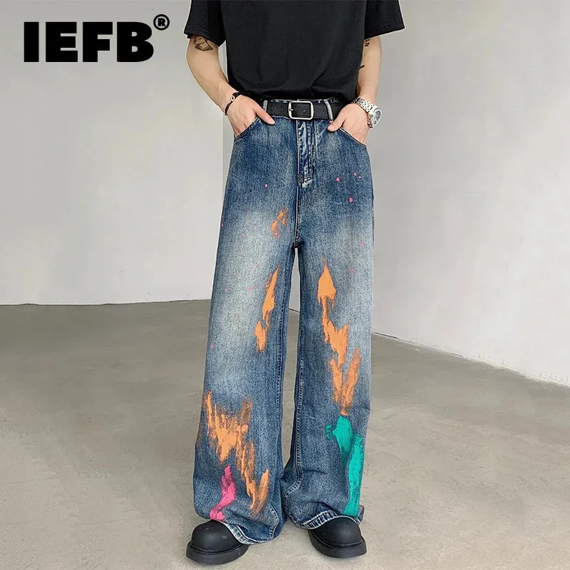 IEFB High Street Men's Denim Pants Loose Brush Painting Contrast Color Straight Wide Leg Casual Male Jeans Autumn Trend  9C6994