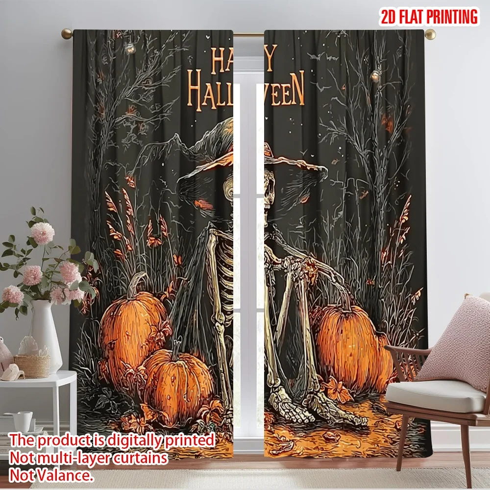 

2pcs,2D plane printing Curtain Popular Spooky Skull & Pumpkin Durable 100% Polyester Fabric (without rod) Art Deco Festive for
