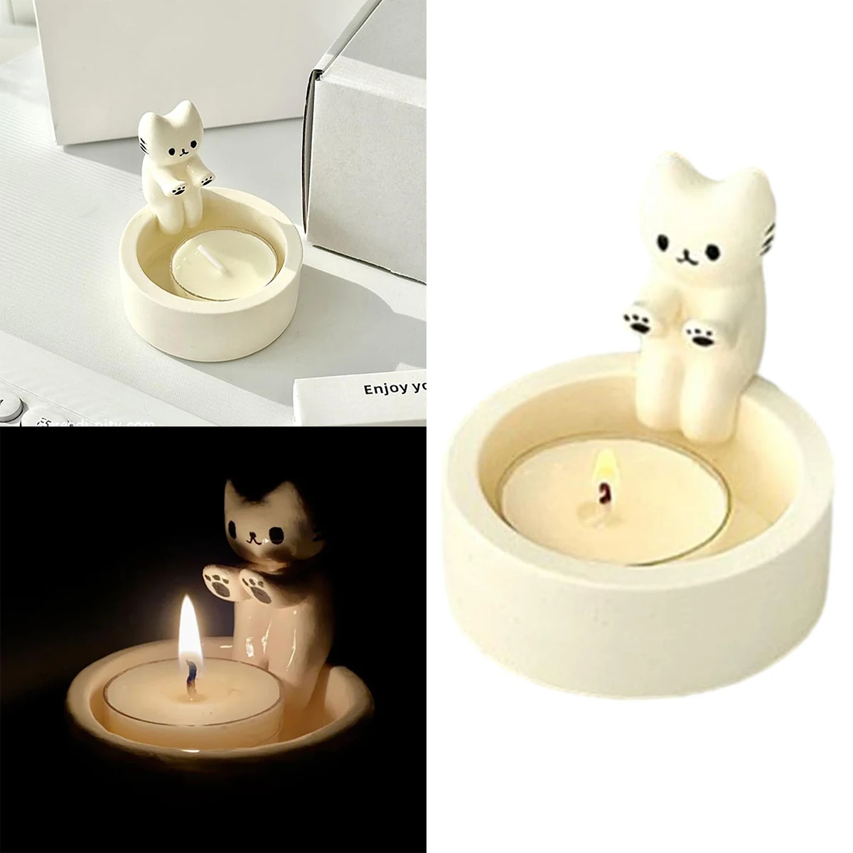 Mini Cat Candlestick Cute Grille Resin Cat Aromatherapy Candlestick Living Room Desktop Decoration Birthday Gift Ornament