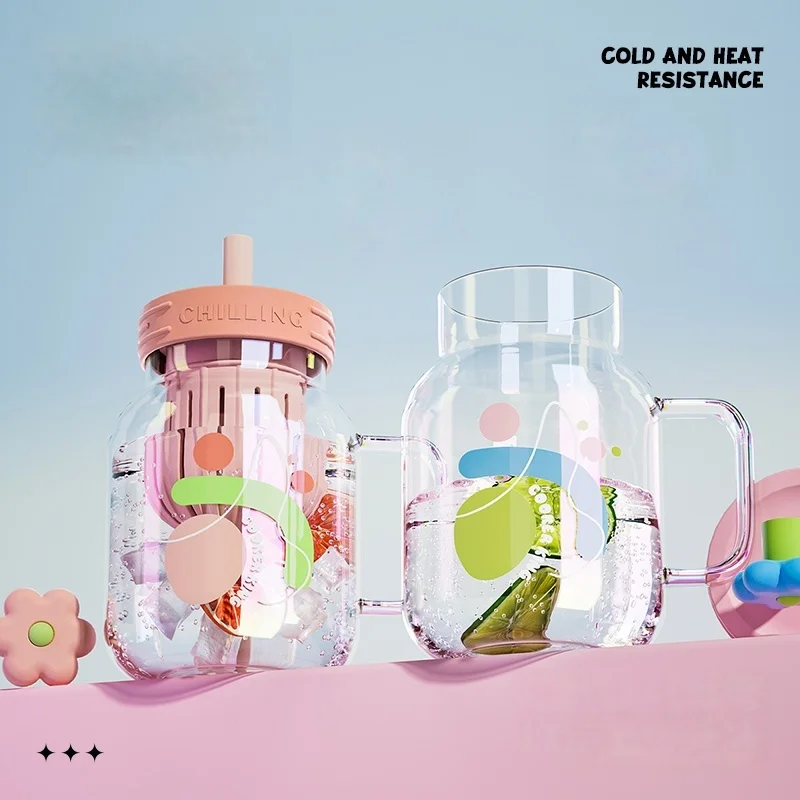 

800ml Cooker King Water Glass Cup for Women, Stylish Large Capacity Borosilicate Glass Tea Cup with Lid and Straw, Office Drink