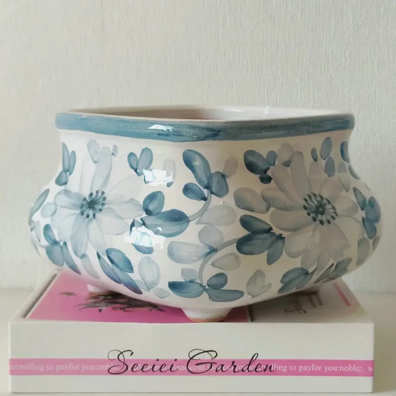 Hand-Painted Square Ceramic Succulent Planter Pot Unique Indoor Flower Plant Pot Small Bonsai Cactus Pot Home Decor Gift