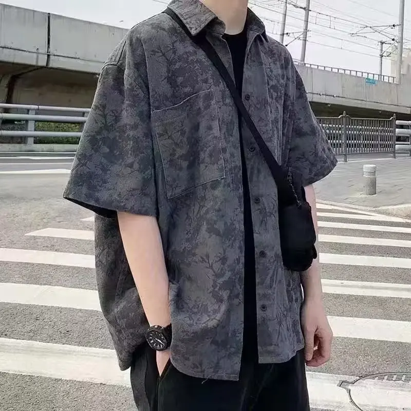 2026 New Spring Men's Short Sleeve Shirt Japanese Style Literary Youth Fashion Harajuku Trendy Square Collar Casual Daily Tops