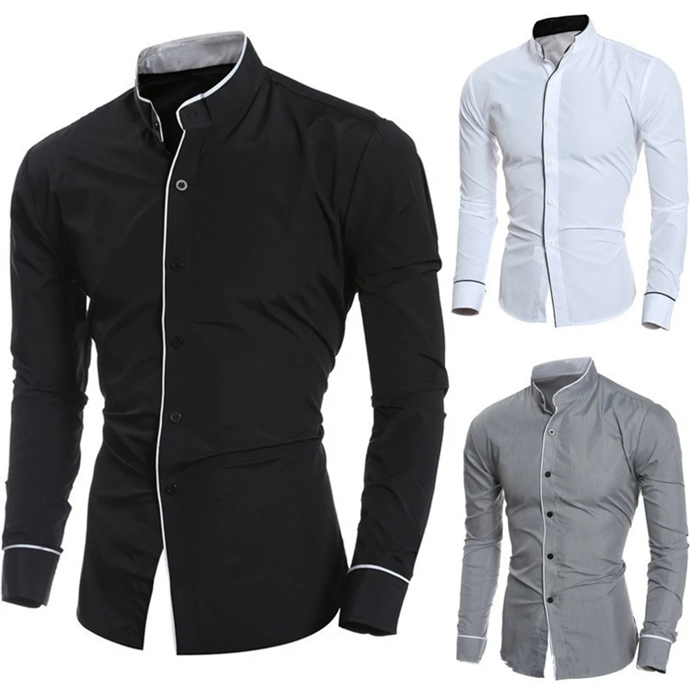 

Charming Men'S Luxury Classic Solid Simple Casual Formal Shirt Long-Sleeved Slim Business Contrast Stand-Up Collar Bottoming Top