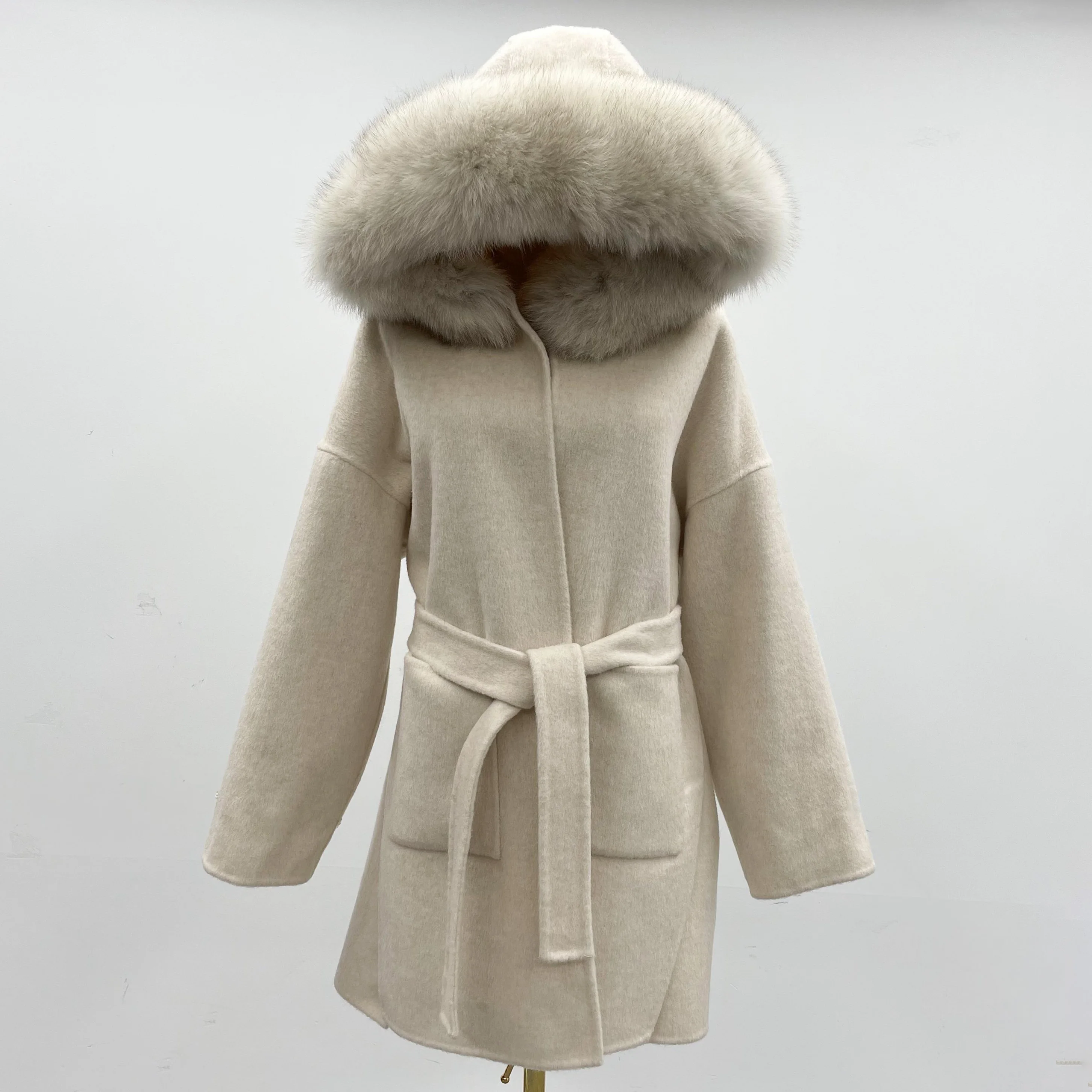 Cashmere Jacket Women Ladies Hand Made Women Fox Fur Collar Wool Coat Casual Winter Wool Jacket Woolen Overcoat Cashmere Coat