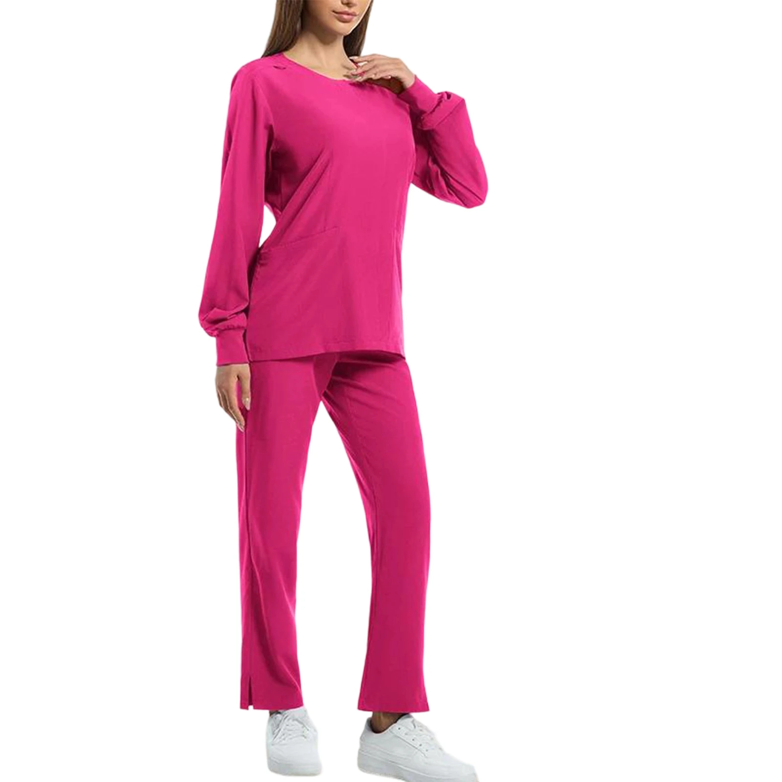 طقم زي جيب نسائي سادة بأكمام طويلة، زي عامل واقٍ وسراويل طويلة، مجموعة الدعك الطبية لجراحة الأسنان