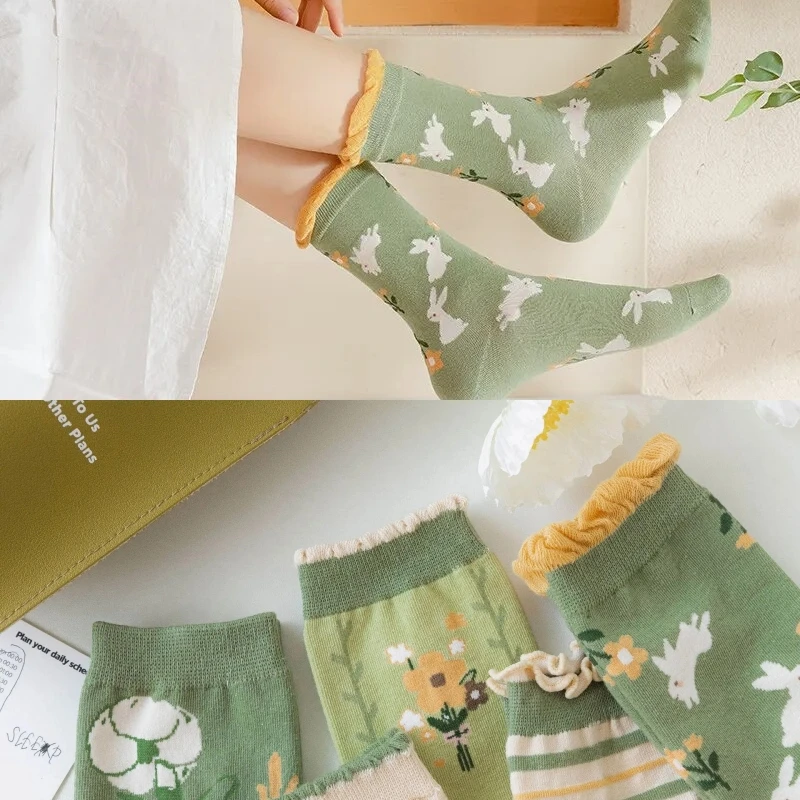 

New Green Women Socks Japan Sweet Girls Lacework Frilly Socks Cartoon Harajuku Crew Socks Women Korean Fashion Flower Embroidery