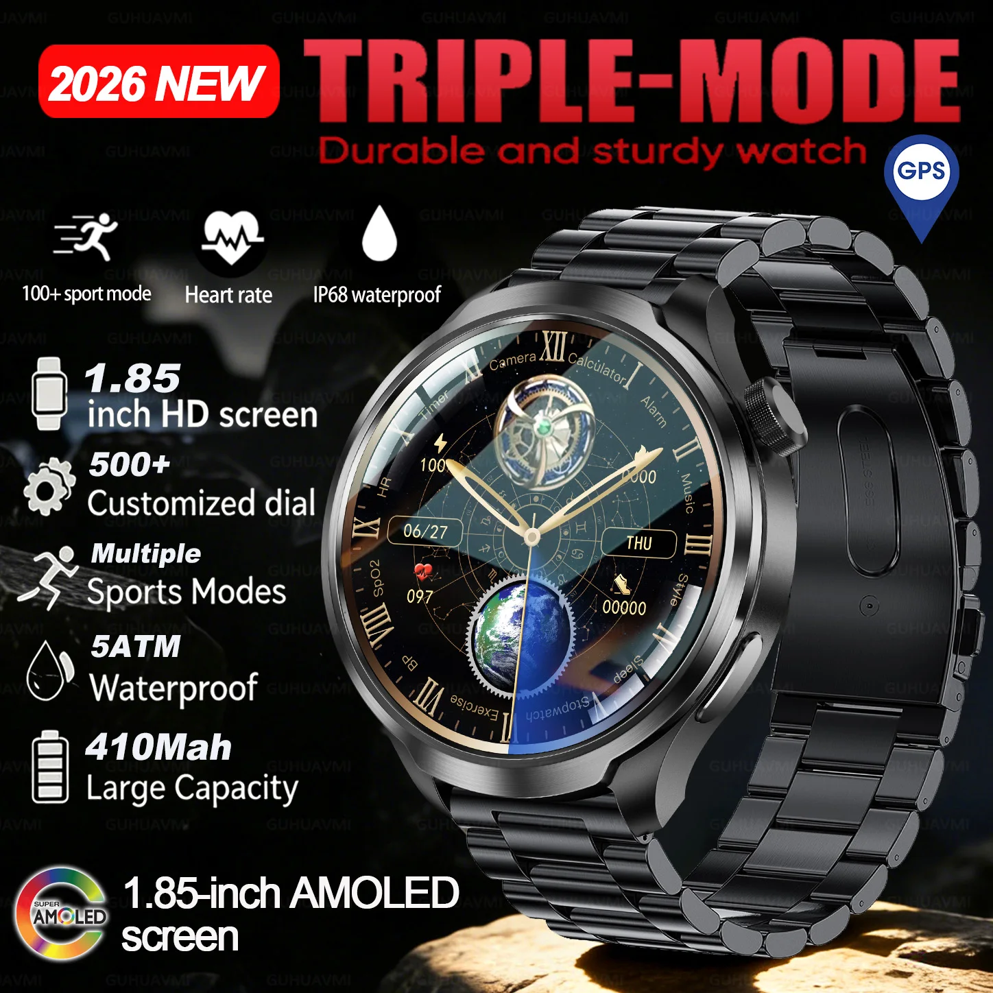 

2026New GPS Outdoor fitness NFC Smart Watch Men 1.85 Inch AMOLED Screen BT Call Lingdong Island Health Detection Smartwatch Men