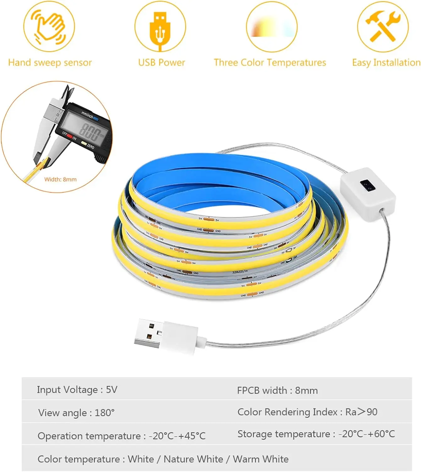 1M-5M USB LED Strip Light 5V 320LEDs/M COB Touch Sensor Dimmable Lamp Tape DIY TV Mirror Backlight Kitchen Room Night Lighting