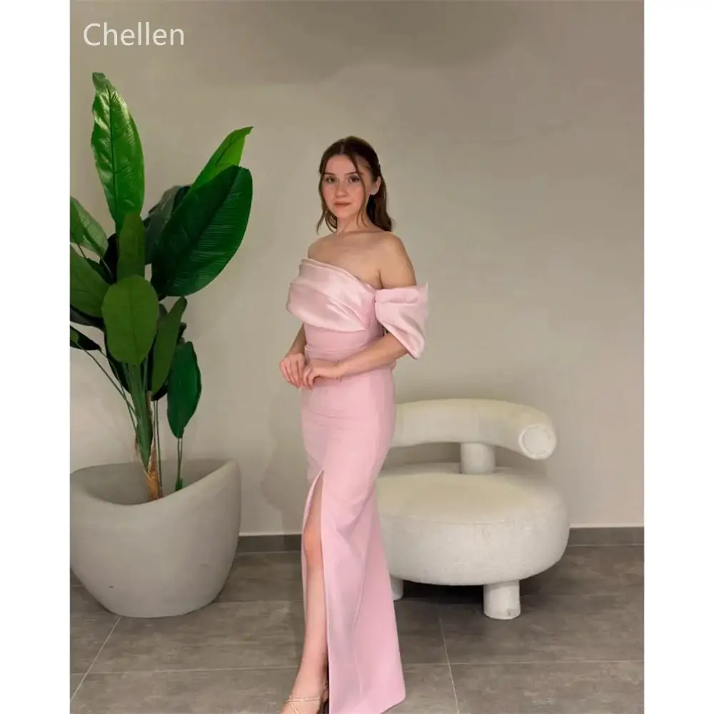 

Customized Off Shoulder Column Evening Dresses Side High Split Satin Wedding Dress Floor-Length Elegant Prom Dresses