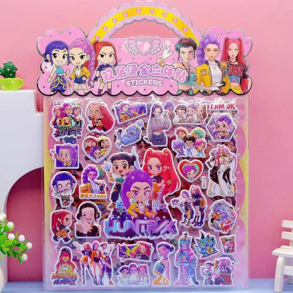 Pegatina de grupo de cazadores, pegatina de burbujas 3D de doble capa, pegatina decorativa de lámina dorada para regalo de recompensa para niña 2026