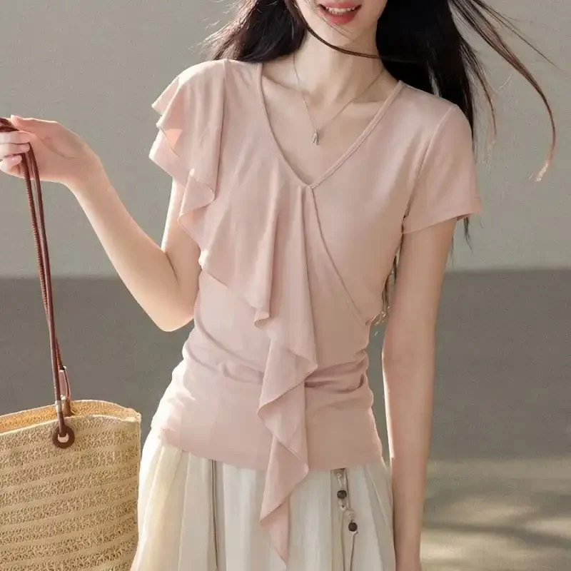 Elegant Women V Neck Blouse With Ruffles Short Sleeve Slim Fit Summer Casual Top