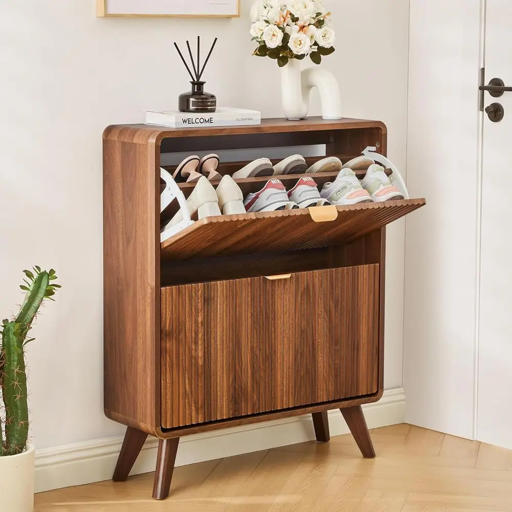 

Narrow Curved Wooden Shoe Storage Cabinet with 2 Doors, Entryway Shoe Organizer, Walnut Finish