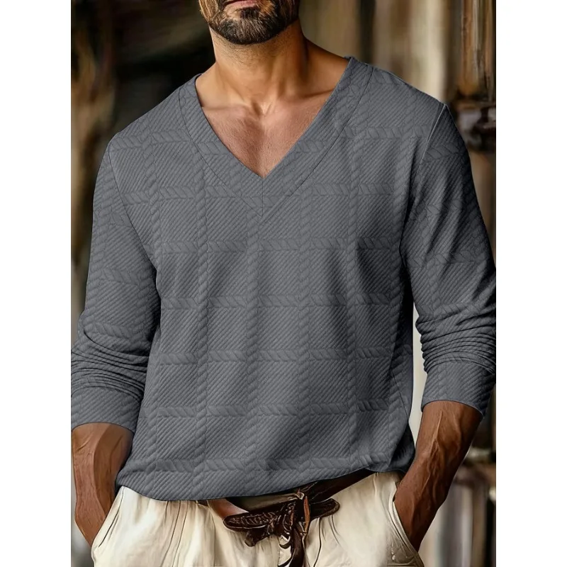 T-shirt à manches longues pour hommes, motif écossais, tissu Jacquard, col en v, sport décontracté, épaules dénudées, nouvelle collection automne