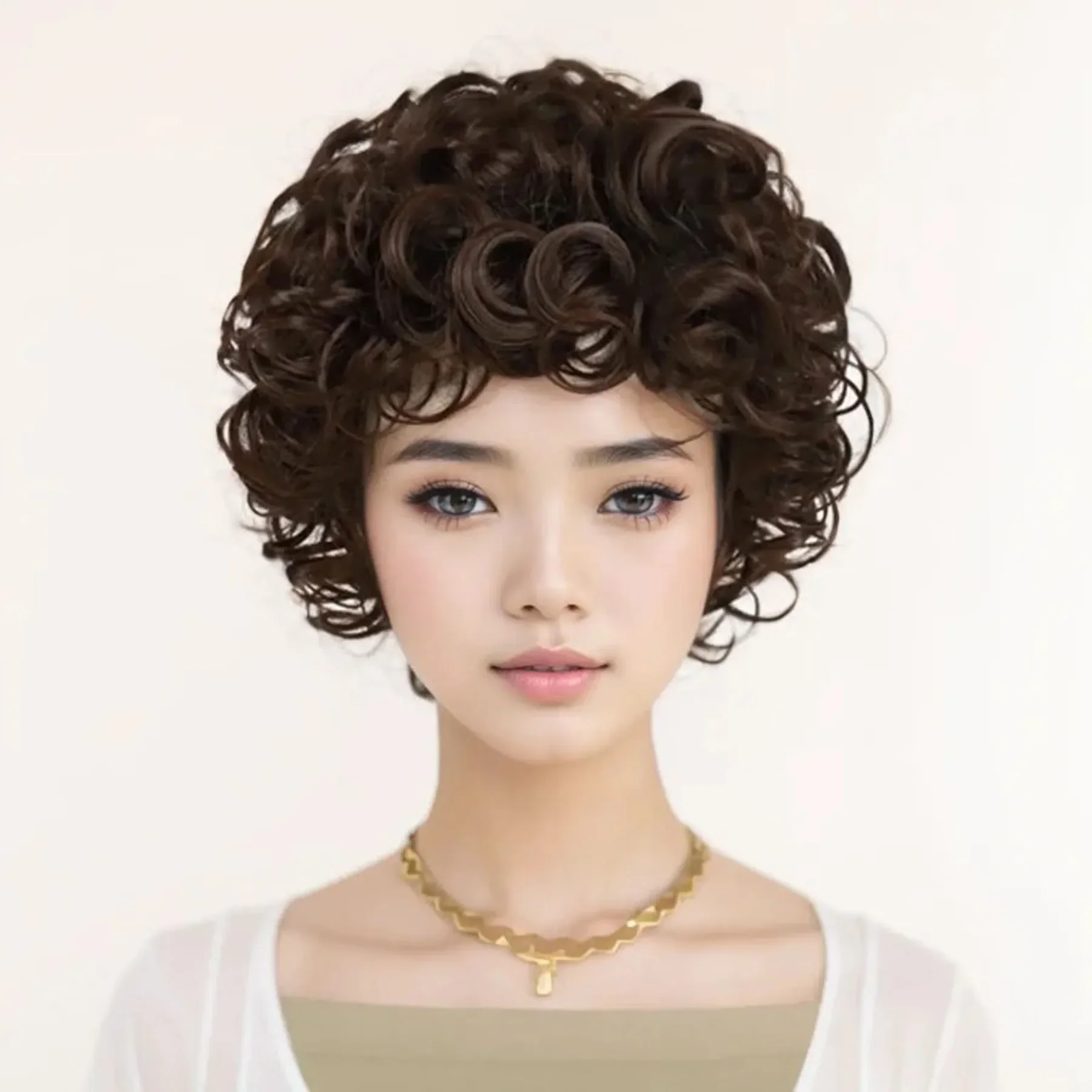 Synthetic Brown Color Wig for Women Short Afro Curly Hair Wigs with Bangs Daily Costume Party High Temperature Fiber Mommy Wig