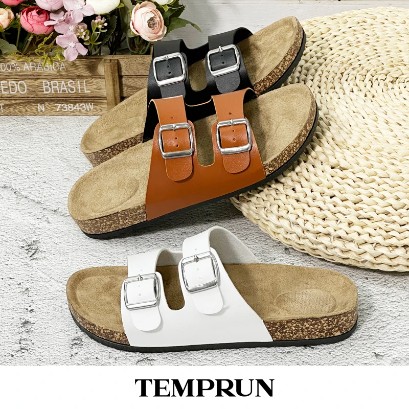 

Women And Men's Solid Footbed Sandals, Open Toe Double Buckle Flat Slides, Summer Beach Sports Casual Slippers