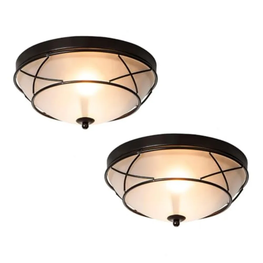 

12" Black Classic Dome Flush Mount Ceiling Lights Set of 2 Frosted Glass 2-Light Bronze Lighting Fixtures Farmhouse Rustic Ceil