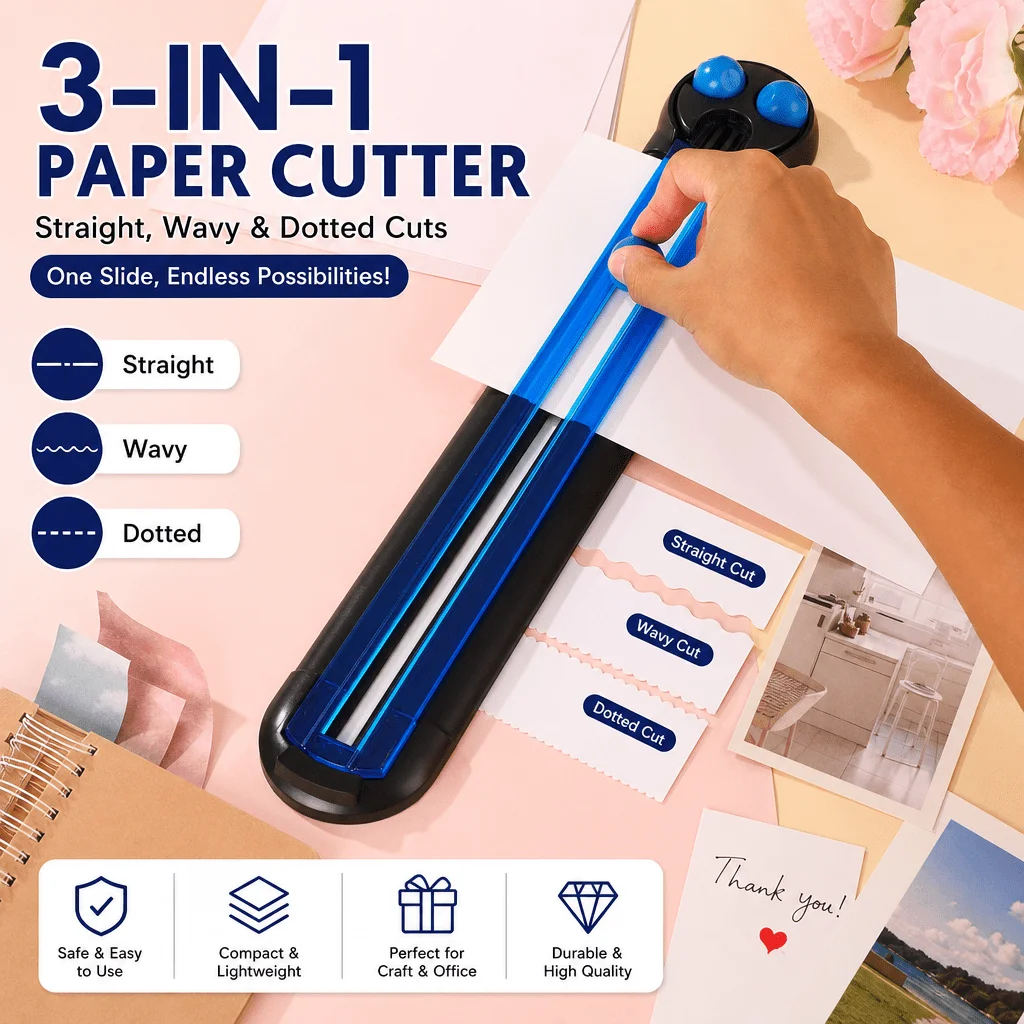 Cortador de Papel 3 en 1, Herramienta de Corte Recta, Ondulada y con Puntos, Recortadora Portátil para Scrapbooking, Planificación y Creación de Tarjetas