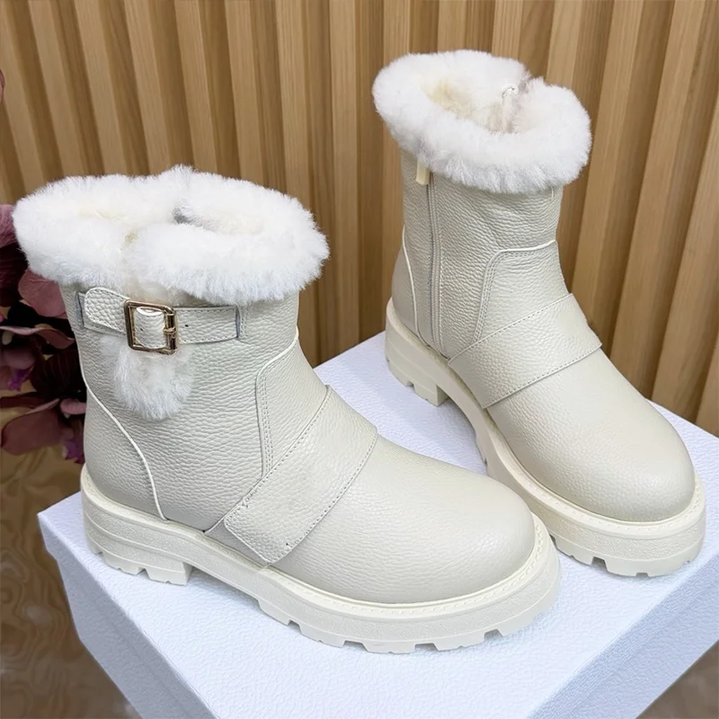 

High quality lychee-patterned cowhide fabric with wool lining women's luxurious snow boots comfortable shoes 25110402